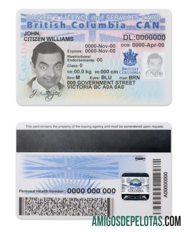 Carteira de motorista da província do Canadá na Colúmbia Britânica modelo